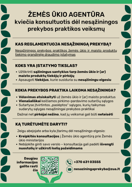 Žemės ūkio agentūra kviečia konsultuotis dėl nesąžiningos prekybos praktikos veiksmų
